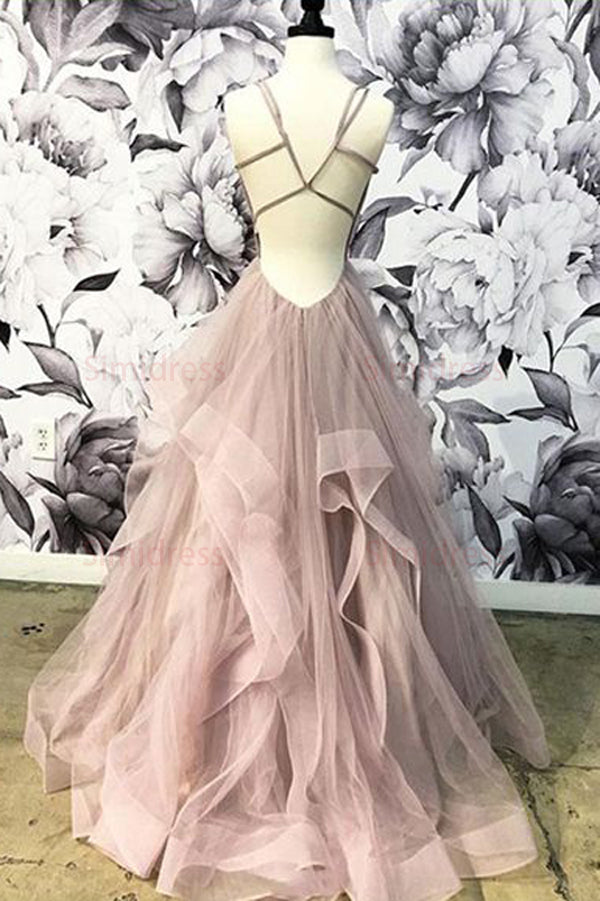 www.simidress.com | Elegant Grey Tulle A-line V-Neck Long Prom Dresses, Cheap Party Dresses, SP527
