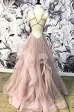 www.simidress.com | Elegant Grey Tulle A-line V-Neck Long Prom Dresses, Cheap Party Dresses, SP527