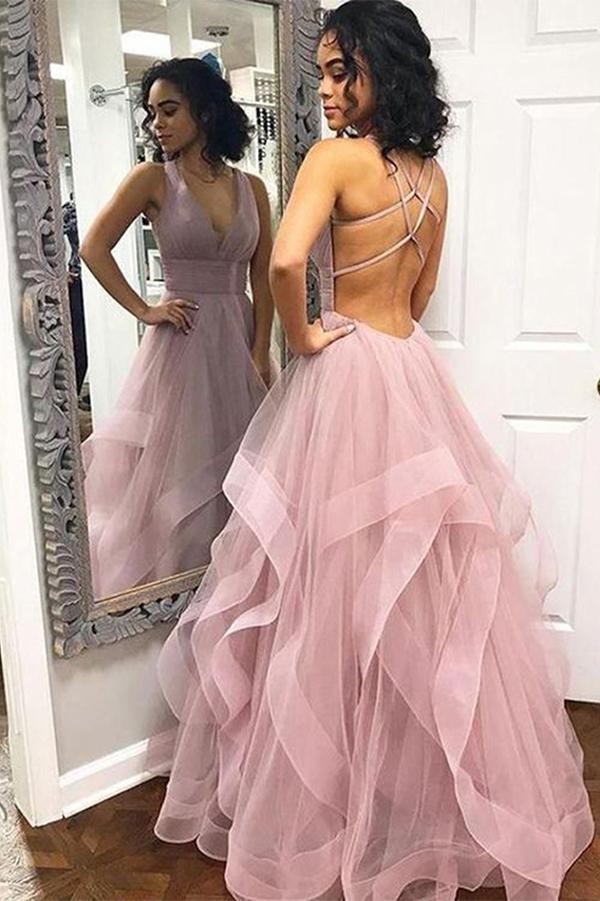 Find Elegant Pink Tulle A-line V-Neck Long Prom Dresses, Cheap Party Dresses, SP527 at www.simidress.com