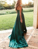 Find Simple Silk Like Satin Green Spaghetti Straps Long Prom Dresses with Slit, SP530 at www.simidress.com