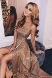 Simple Sequined A-Line Backless Spaghetti Straps Long Prom Dresses with Split, SP532