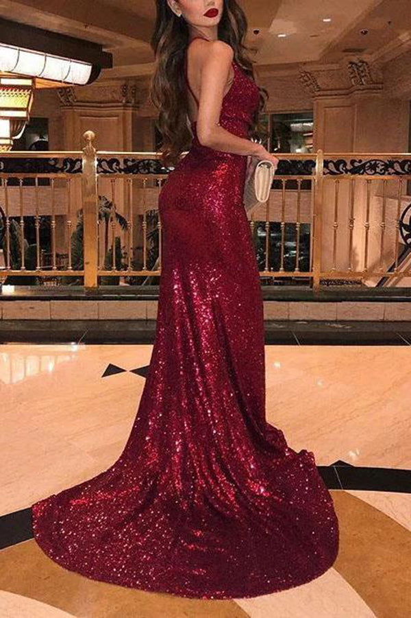 simidress.com | Shiny Burgundy Sequins Mermaid Long Prom Dresses Evening Dresses with Split, SP538