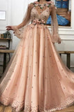 Luxury A Line Long Sleeves 3D Flowers Prom Dresses Formal Evening Dresses, SP551
