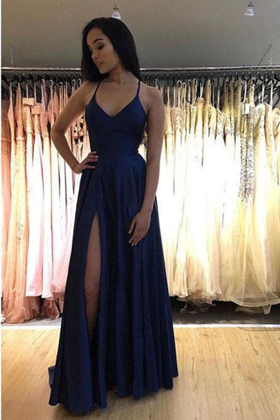 Elegant Navy Blue A Line V Neck Spaghetti Straps Prom Dresses with