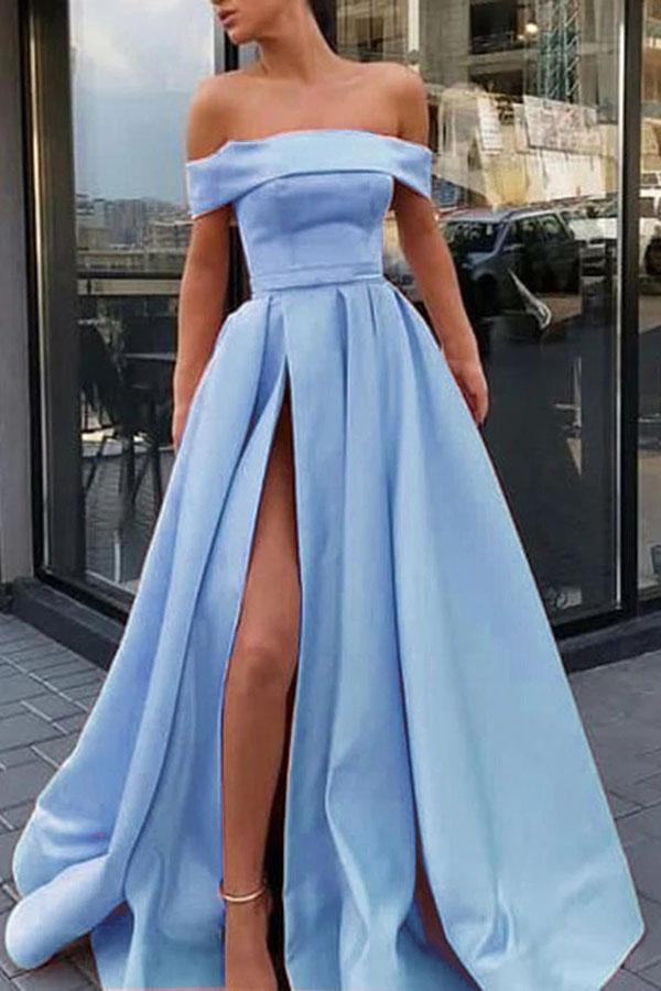 www.simidress.com supply Simple Yellow Satin A Line Off the Shoulder High Slit Long Prom Dresses, SP556-C