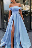 www.simidress.com supply Simple Yellow Satin A Line Off the Shoulder High Slit Long Prom Dresses, SP556-C