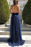 www.simidress.com supply New Arrival Navy Tulle Sparkly A-line Deep V-neck Backless Elegant Prom Dresses, SP560