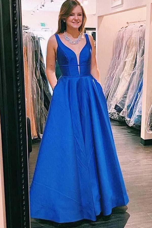 www.simidress.com supply Simple Blue Satin A-Line V Neck Long Prom Dresses, Party Dresses With Pockets, SP562 blue