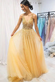 New Arrival Tulle Beaded Yellow A-line V-neck Floor Length Long Prom Dress, SP566