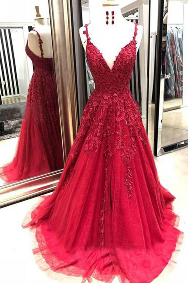 www.simidress.com offer Dark Red A Line V Neck Spaghetti Straps Open Back Prom Dresses with Appliques, SP567