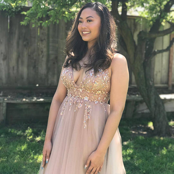 Grey Tulle Sparkly A-line V-neck Beaded Spaghetti Straps Long Prom