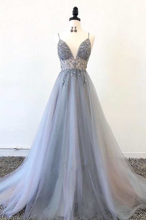 simidress.com supply Grey Tulle Sparkly A-line V-neck Beaded Spaghetti Straps Long Prom Dresses, SP577e