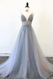 simidress.com supply Grey Tulle Sparkly A-line V-neck Beaded Spaghetti Straps Long Prom Dresses, SP577e