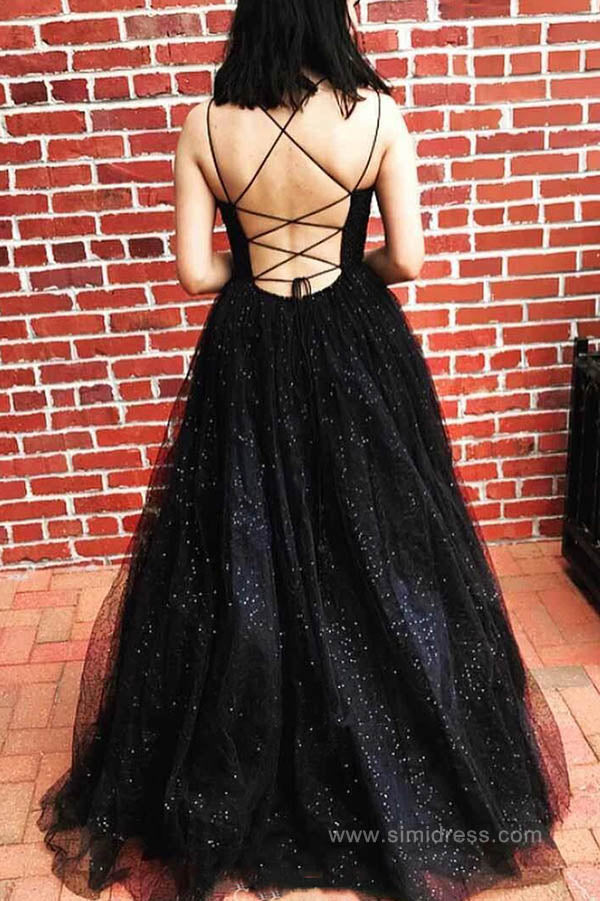 simidress.com offer Cute Sparkly Black Tulle Scoop Neck Ball Gown Cross Back Prom Dresses, SP582
