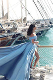 Unique Blue Ball Gown Off-the-Shoulder Satin Split Prom Dress With Train, SP583 from simidress.com