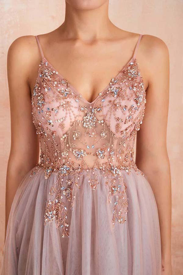 Find Rose Beaded Spaghetti Straps A-Line V-neck Tulle Long Prom Dress With Slit, SP592 at www.simidress.com
