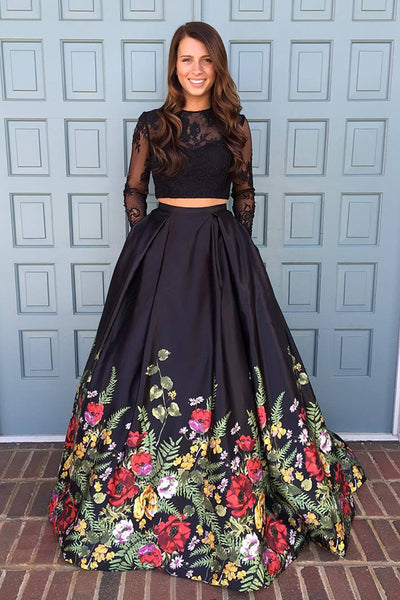 long sleeve two piece prom dress Bateau Neck Two Piece Black Long Sleeves Prom Dress PG319 US8 / Custom Color