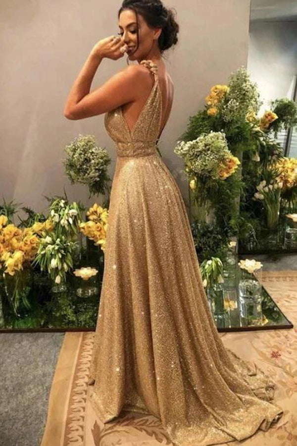 www.simidress.com supply Sparkle Gold Sequins A-Line V-neck Long Prom Dress With Short Train, SP614