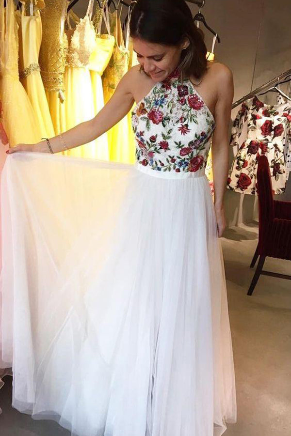 Buy Unique A-line High Neck Floral Lace Cheap Prom Dresses, Evening Dresses, SP615 at www.simidress.com at good price