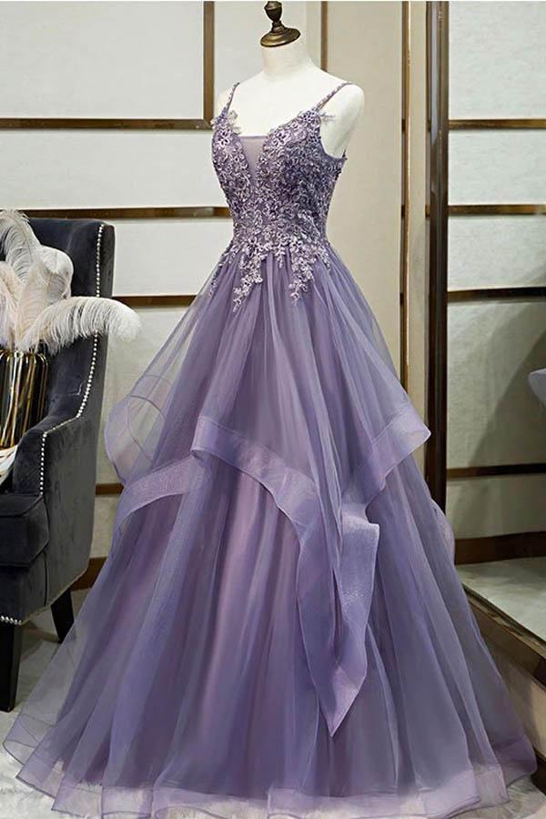 www.simidress.com supply Purple Tulle A-line V-neck Spaghetti Straps Prom Dress With Lace Appliques, SP618