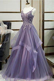 www.simidress.com supply Purple Tulle A-line V-neck Spaghetti Straps Prom Dress With Lace Appliques, SP618