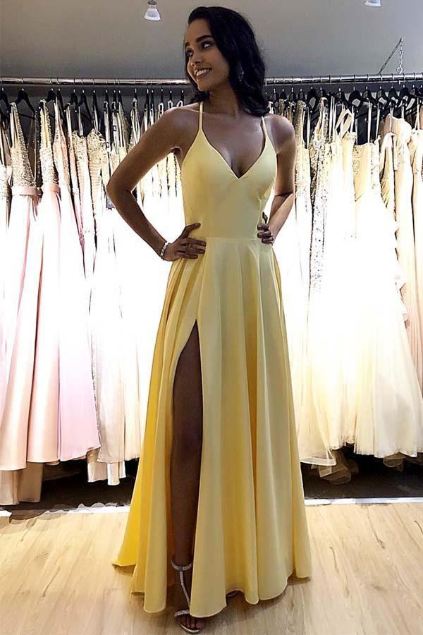Find Hot Sale Simple Satin A-Line V-neck Prom Dresses Evening Dress With Side Slit, SP620 at www.simidress.com