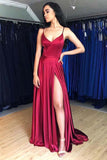 Hot Sale Simple Satin A-Line V-neck Prom Dresses Evening Dress With Side Slit, SP620