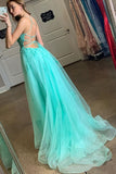 Blue Tulle Spaghetti Straps High Slit Sweep Train Prom Dress With Appliques, SP624 | long prom dresses | evening dresses | lace prom dresses | party dresses | formal dresses | prom gowns | simidress.com