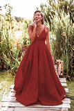 Simple Burgundy Satin A-line Deep V Neck Backless Prom Dress With Sweep Train, SP625