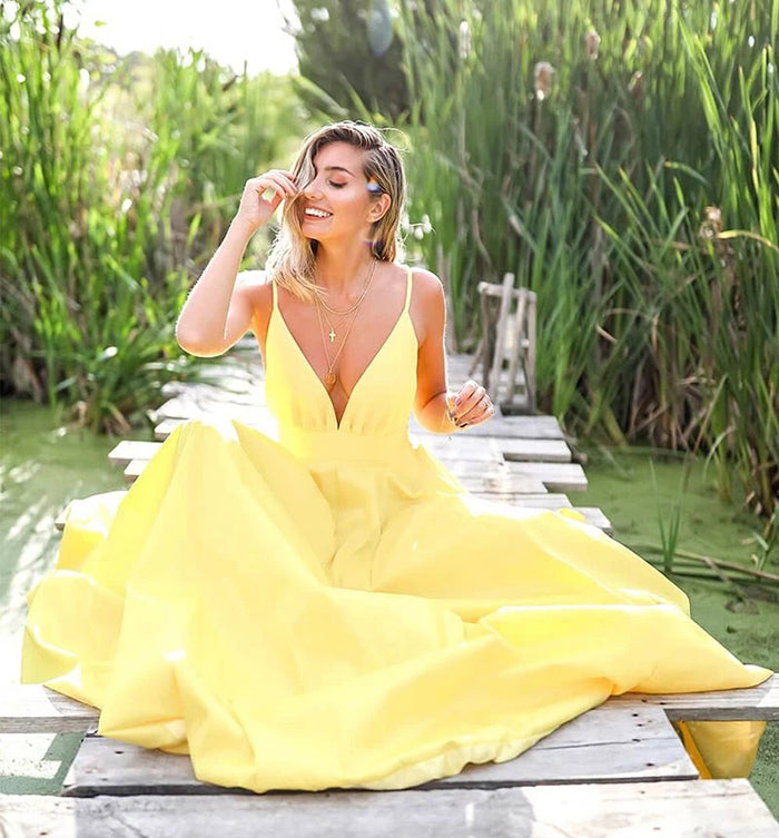 www.simidress.com supply Simple Yellow Satin A-line Deep V Neck Backless Prom Dress With Sweep Train, SP625