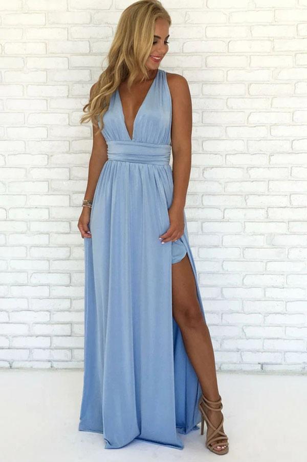 Sky Blue Chiffon A-Line V-Neck Criss-Cross Straps Prom Dress With Side Slit, SP626
