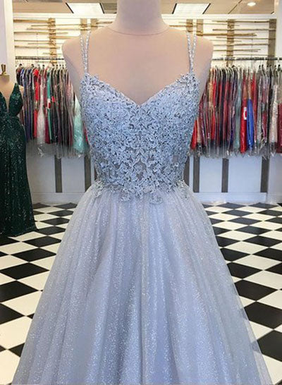 Elegant Light Blue Tulle V-neck Spaghetti Straps Lace Long Prom Dresse   Simidress