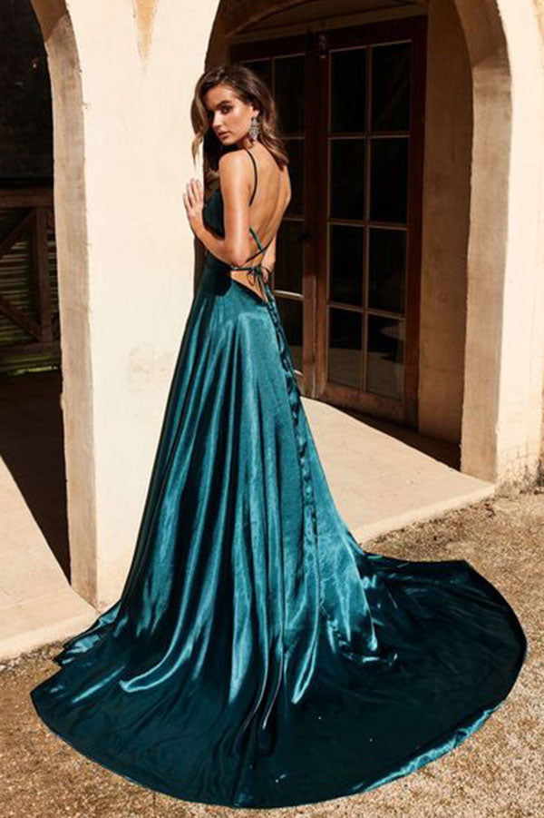 Simple Dark Green Satin A-line Backless Long Prom Dresses with High Slit, SP640 from www.simidress.com at good price