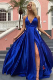 Simple Royal Blue Spaghetti Straps Deep V-Neck Long Prom Dresses, SP646