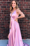 Simple Pink Spaghetti Straps Deep V-Neck Long Prom Dresses, SP646 | Simple prom dresses | satin prom dresses | prom dresses long | evening dresses | formal dresses | prom dresses cheap | party dresses | prom dresses store | Simidress.com