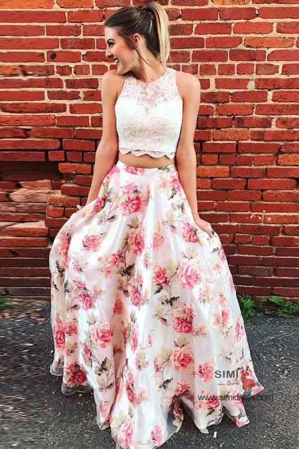 Two Piece Lace Round Neck Floral Print A-line Long Prom Dresses, SP649 | two piece prom dresses | floral prom dresses | evening dresses | party dresses | formal dresses | long prom dresses | prom dresses online | Simidress