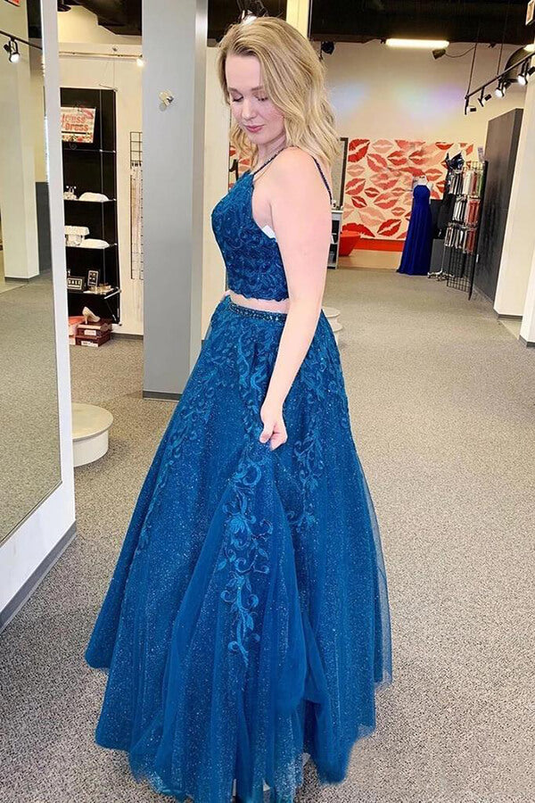 Mykonos Blue Sparkly Two Pieces Appliqued Spaghetti Straps Prom Dress, SP651 | long prom dresses | two piece prom dresses | blue prom dresses | Simidress.com