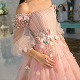 Pearl Pink Ball Gown 3D Floral Off-the-Shoulder Long Sleeves Prom Dresses, SP653 | Long sleeves prom dresses | evening dresses | formal dresses | cheap prom dresses | Simidress.com