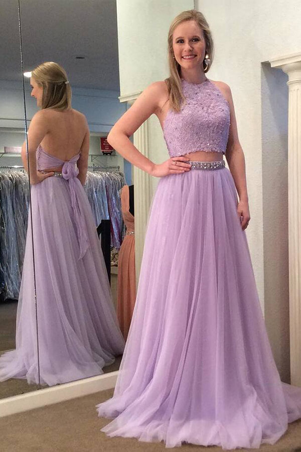Lilac Halter Two Pieces Beaded Prom Dresses, Evening Dress With Appliques, SP668 | long prom dresses | two piece prom dresses | cheap prom dresses | Simidress.com