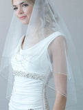 Simple White Beaded Two Layers Wedding Veils with Blusher Fingertip, SV011|simidress.com