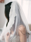 simidress.com offer Simple White Beaded Two Layers Wedding Veils with Blusher Fingertip, SV011