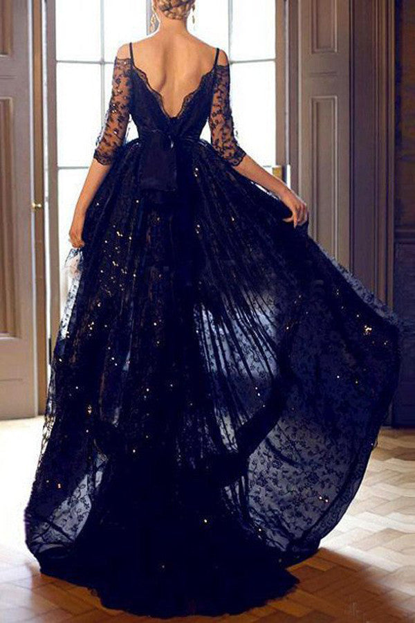 Half Sleeves High low Lace Long Prom Dresses Evening Dress With Straps,SVD338