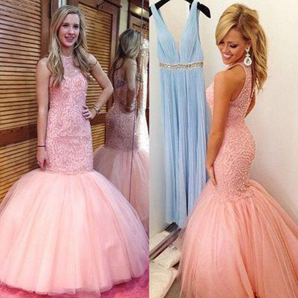 Pink Party Prom Dress,Navy Halter Beaded Prom Dress,Mermaid Prom Dress   Simidress