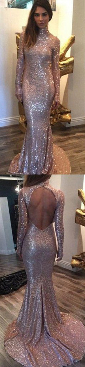 Sequined Long Sleeves Prom Dresses,High Neck Prom Dresses,Backless Prom Dresses,SVD382