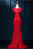 Long See Through Split Mermaid Sexy Red Lace Prom Dresses Evening Dress SVD310
