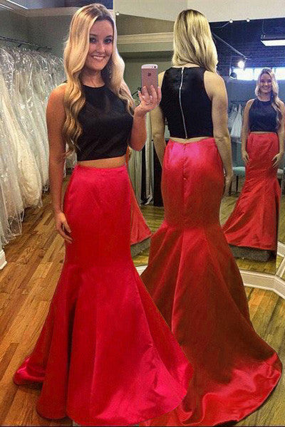 Red Prom Dress,2 Pieces Sweep Train Mermaid Sleeveless Prom Dresses –  Simidress