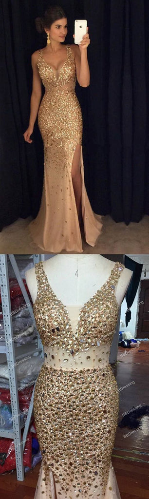 See Through Gold Rhinestone Mermaid Formal Evening Prom Dresses With Beading,SVD351