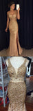 See Through Gold Rhinestone Mermaid Formal Evening Prom Dresses With Beading,SVD351