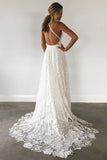 Ivory Spaghetti Strap Lace Open Back Side Split Long Beach Wedding Dresses, SW113