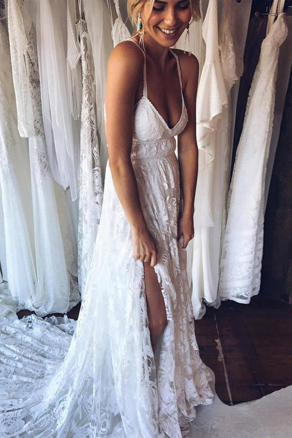 Ivory A-line Lace Open Back Side Split Long Beach Wedding Dresses, SW113 | Weddings | wedding dresses | bridal gowns | wedding gowns | wedding 2020 | lace wedding dresses | white wedding dresses | Ivory wedding dresses | mermaid wedding dresses | wedding dresses cheap | wedding party dresses | boho wedding dresses | simple wedding dresses | wedding dresses near me | wedding ideas | beach wedding dresses | wedding dresses online | Simidress
